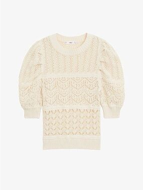 Mango NWT size S Womens Cream Lace-Knit Short Sleeve Sweater